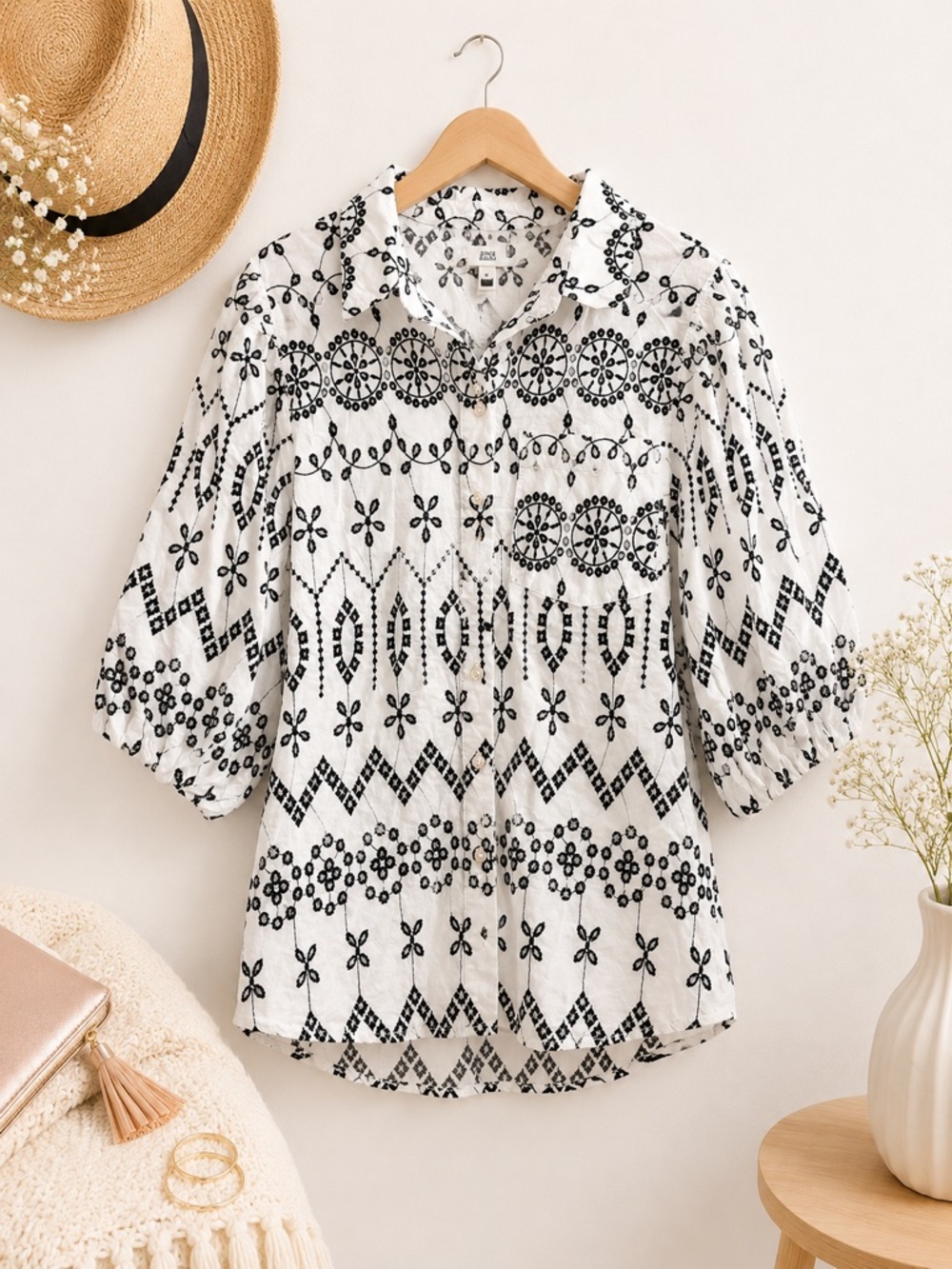 River Island White Black Embroidered Cotton Balloon Sleeve Blouse US 8